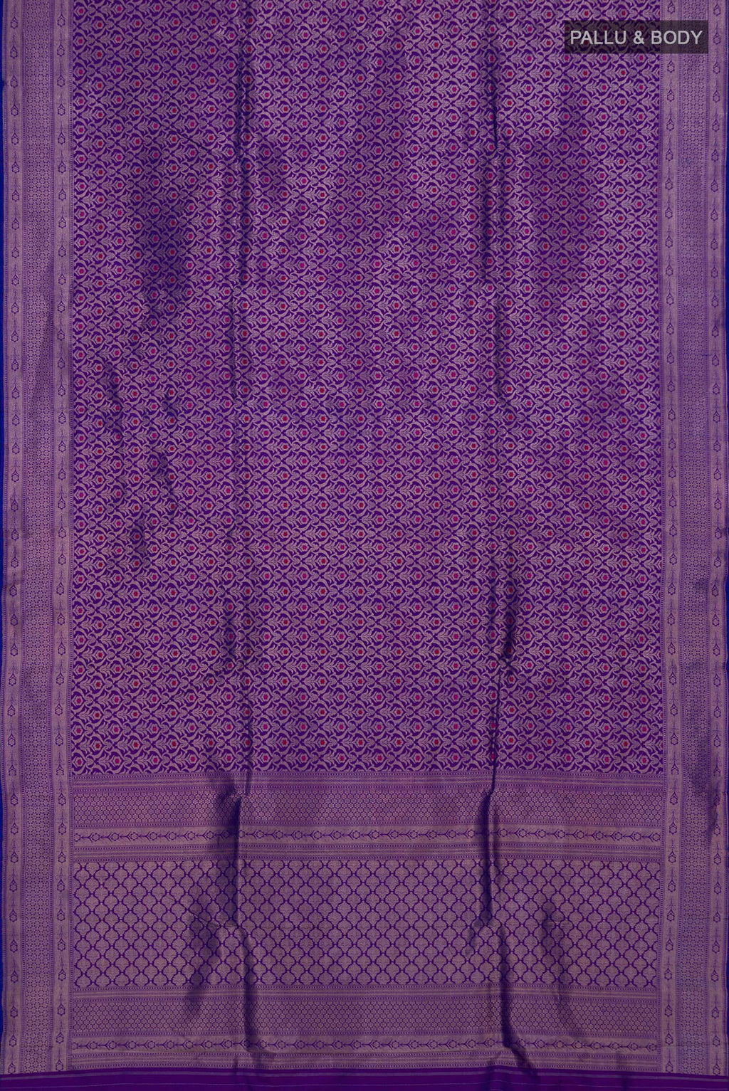 Flat view of Purple Banarasi Katan Silk Saree with Zari Brocade on the body and Zari Border. 