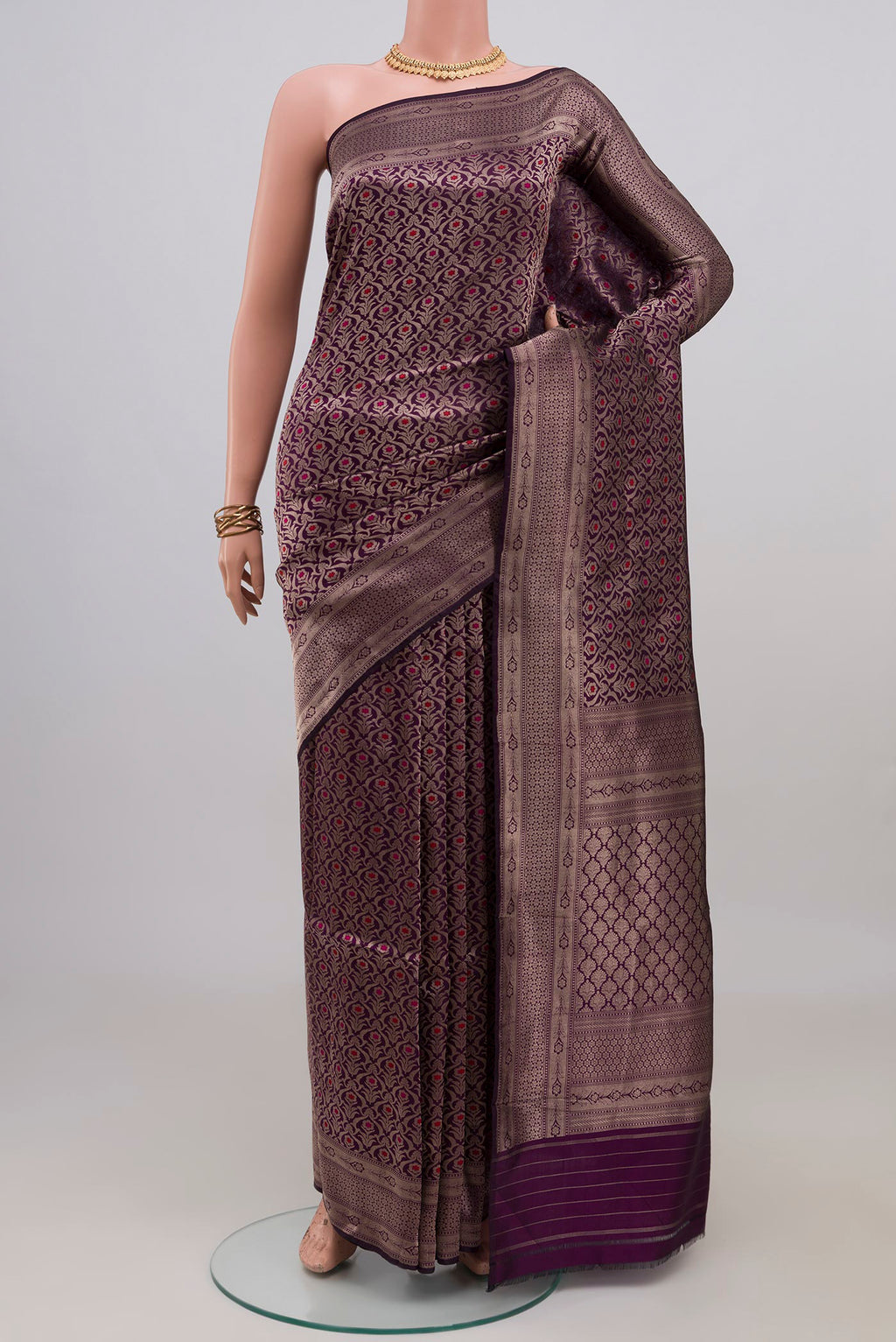 Purple Banarasi Silk Saree with Zari Brocade on the body and Zari Border.  displayed on a mannequin