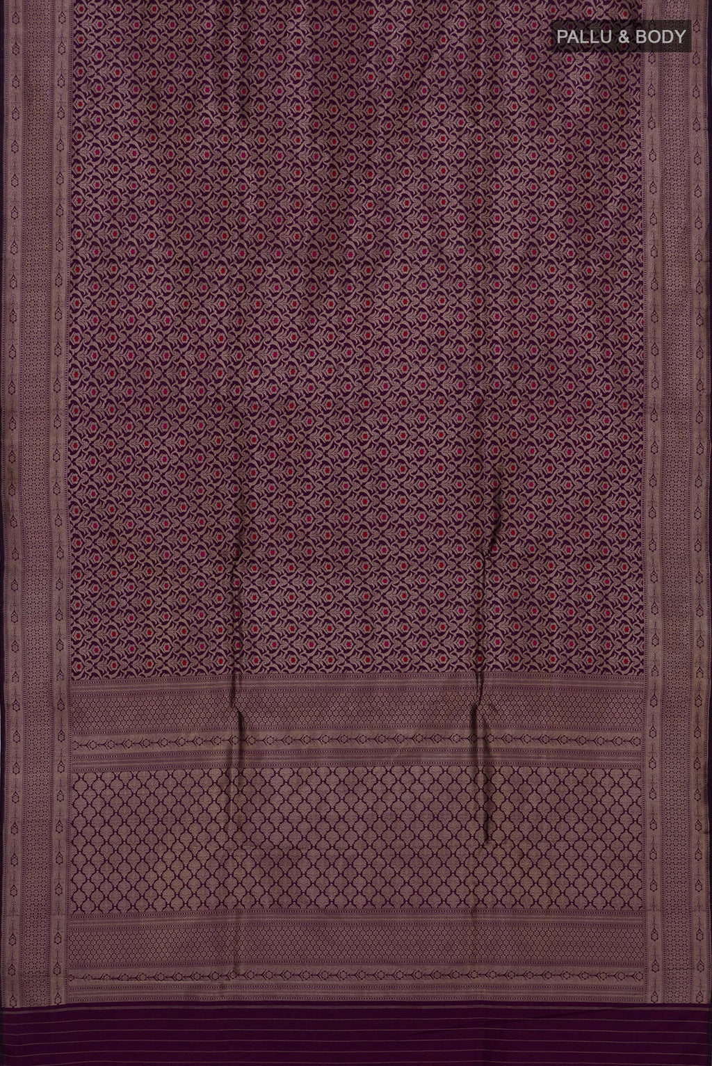 Flat view of Purple Banarasi Silk Saree with Zari Brocade on the body and Zari Border. 