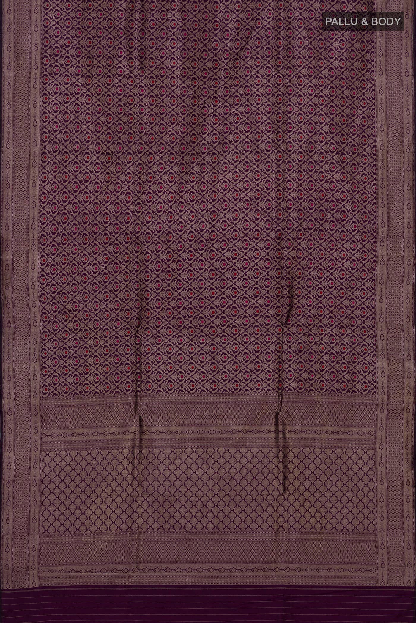 Flat view of Purple Banarasi Silk Saree with Zari Brocade on the body and Zari Border. 