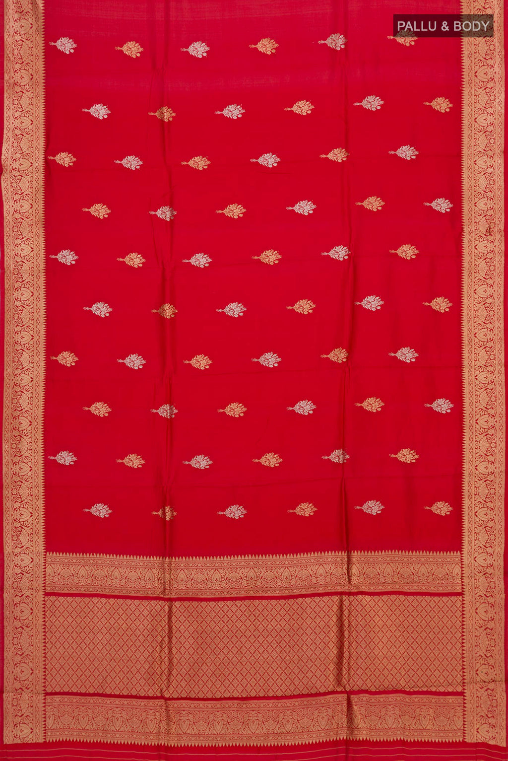 Flat view of Red Banarasi Katan Silk Saree with Zari Butta on the body and Zari Border. 