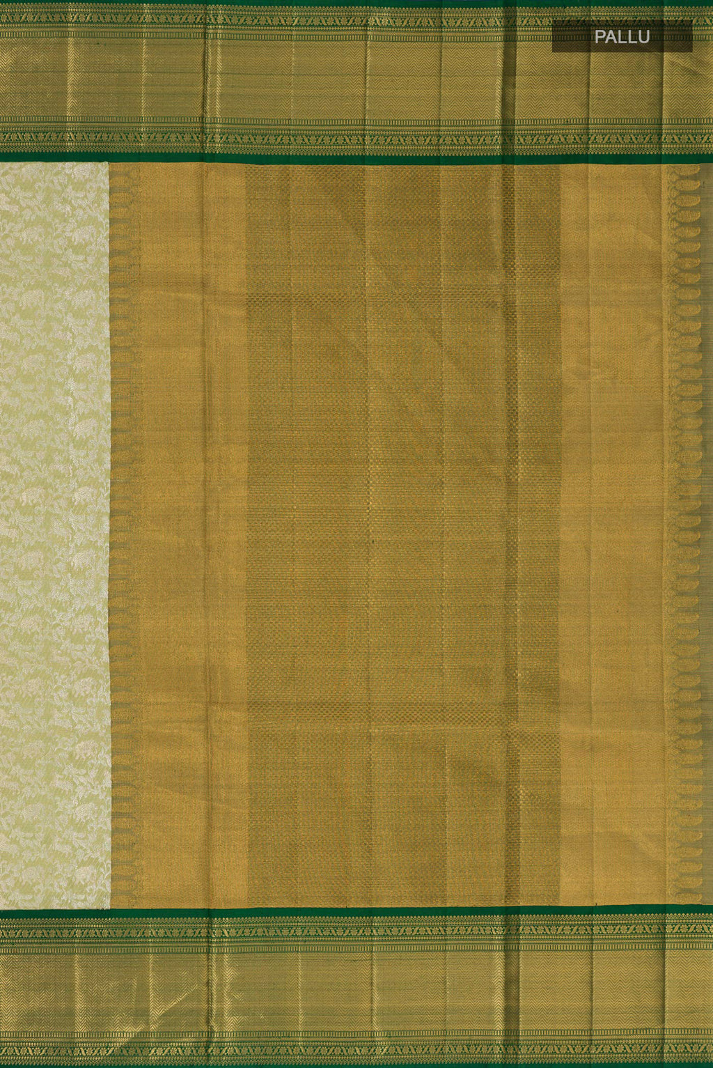 Close up image of the pallu of Pista Green Kanjivaram Tissue Saree with Zari Brocade on the body and Zari Border. 