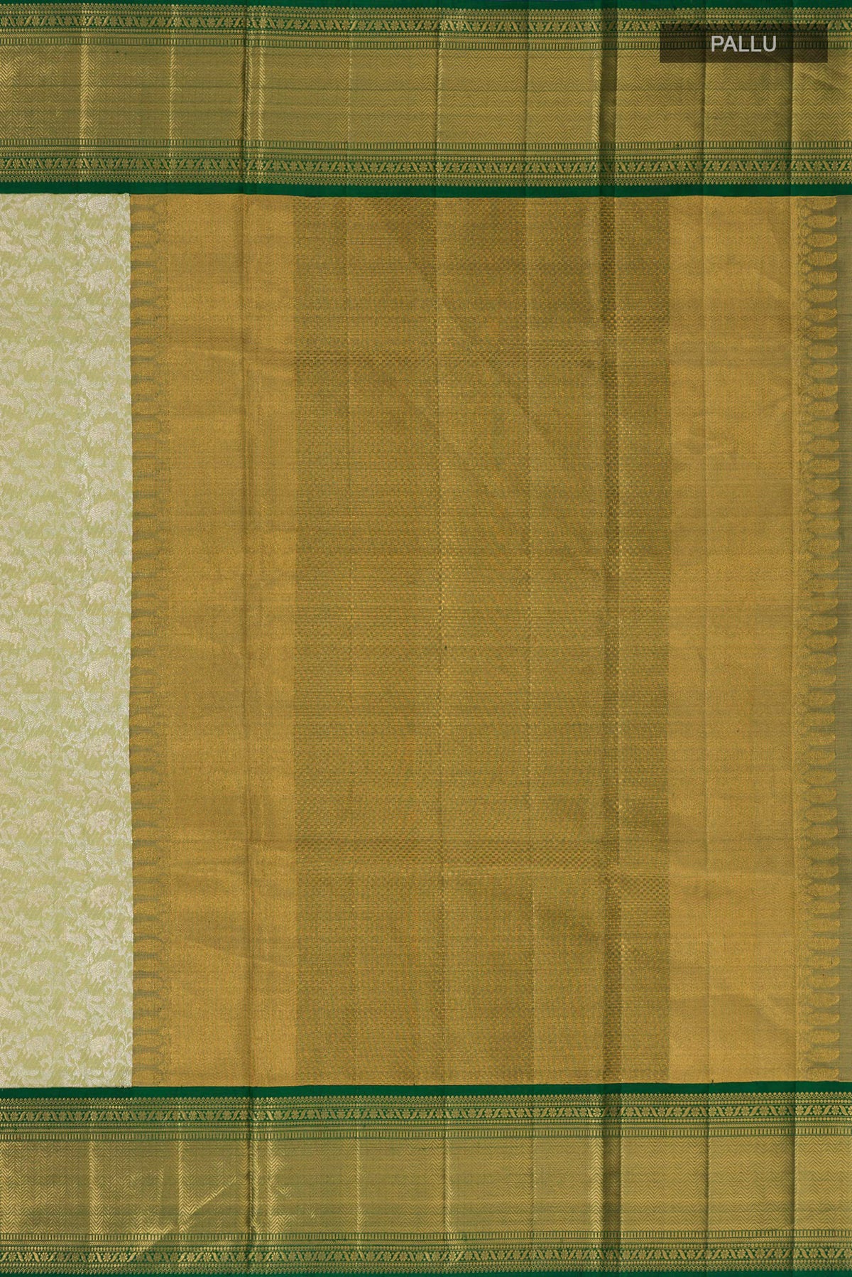 Close up image of the pallu of Pista Green Kanjivaram Tissue Saree with Zari Brocade on the body and Zari Border. 