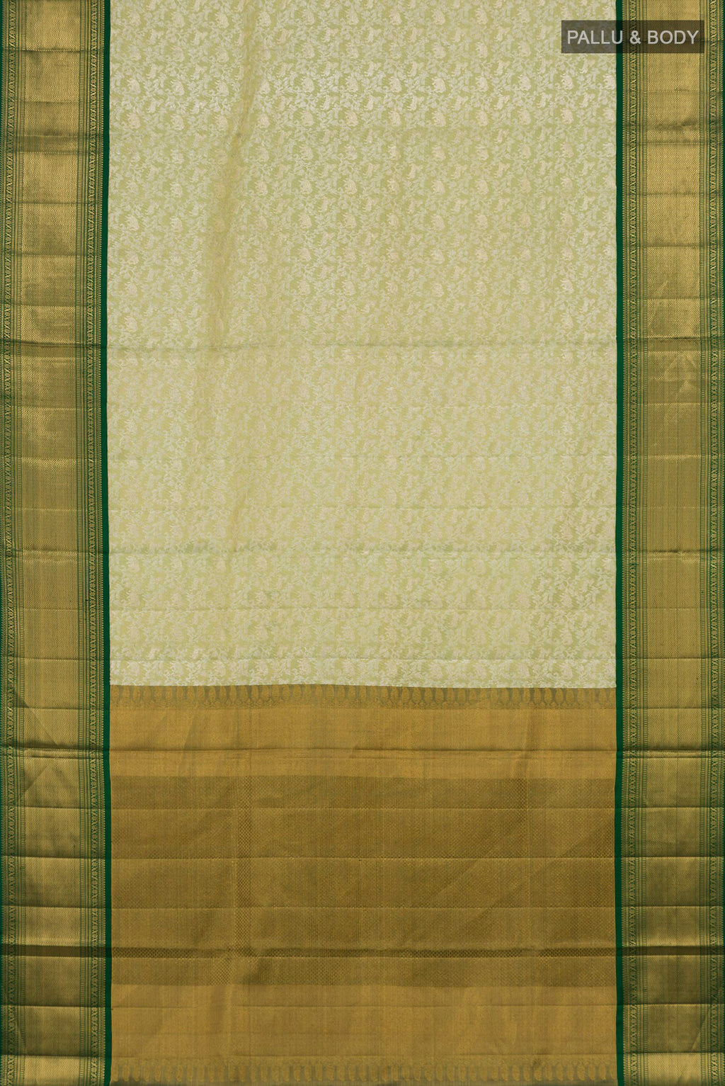 Flat view of Pista Green Kanjivaram Tissue Saree with Zari Brocade on the body and Zari Border. 
