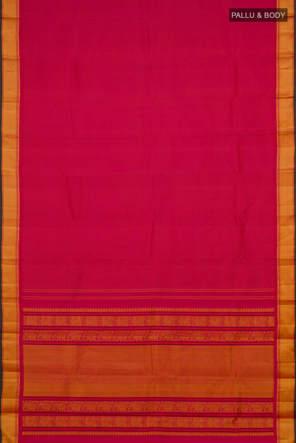 Flat view of Pure Silk Pink Kanjivaram Saree with Thread Butta on the body and Thread Border. 