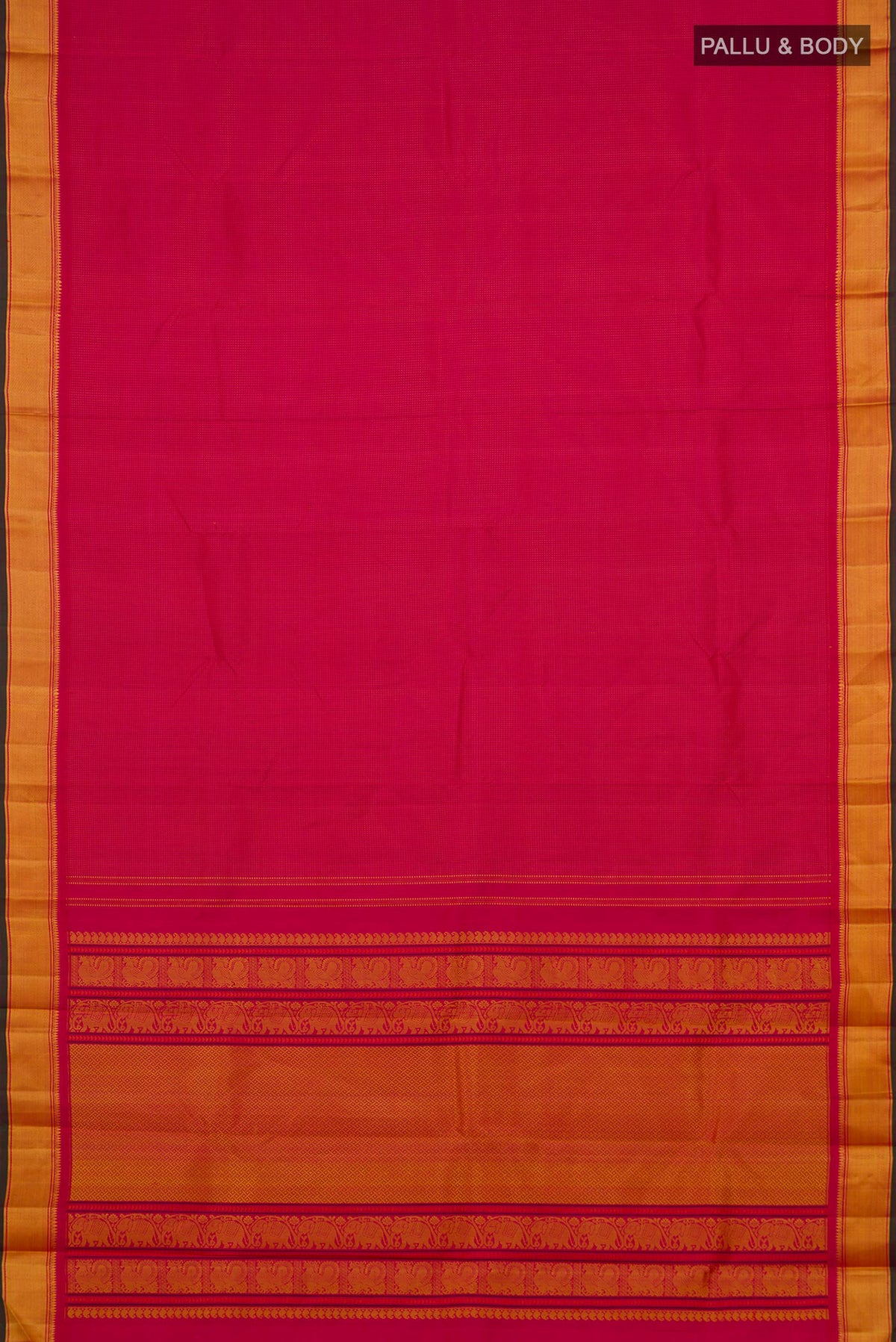 Flat view of Pure Silk Pink Kanjivaram Saree with Thread Butta on the body and Thread Border. 