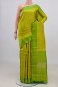 Pure Silk Pure Zari Yellow Kanjivaram Saree with Jacquard design on the body and Thread Border.  displayed on a mannequin