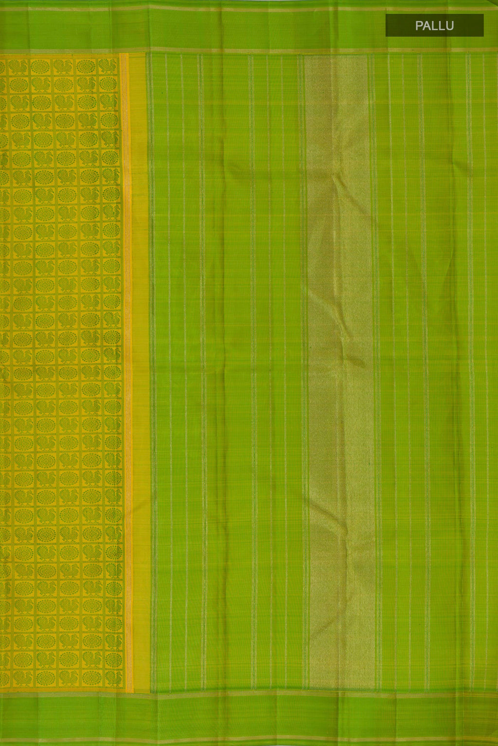 Close up image of the pallu of Pure Silk Pure Zari Yellow Kanjivaram Saree with Jacquard design on the body and Thread Border. 