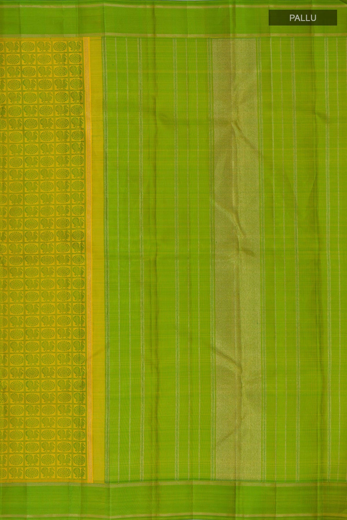 Close up image of the pallu of Pure Silk Pure Zari Yellow Kanjivaram Saree with Jacquard design on the body and Thread Border. 