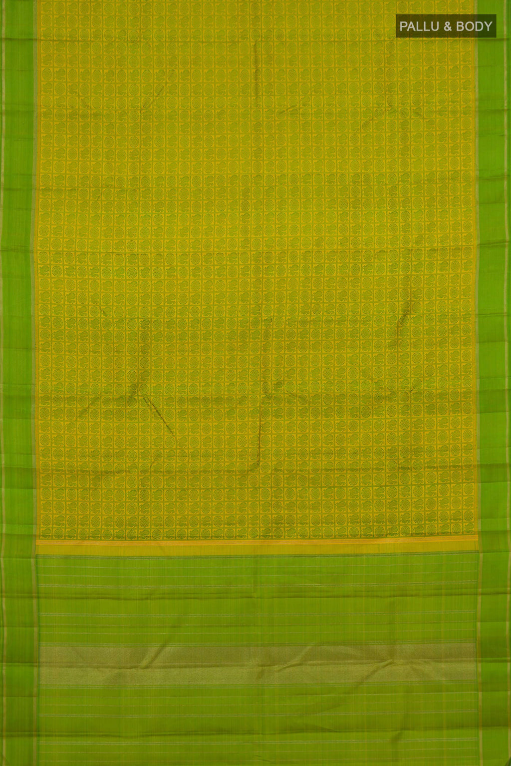 Flat view of Pure Silk Pure Zari Yellow Kanjivaram Saree with Jacquard design on the body and Thread Border. 
