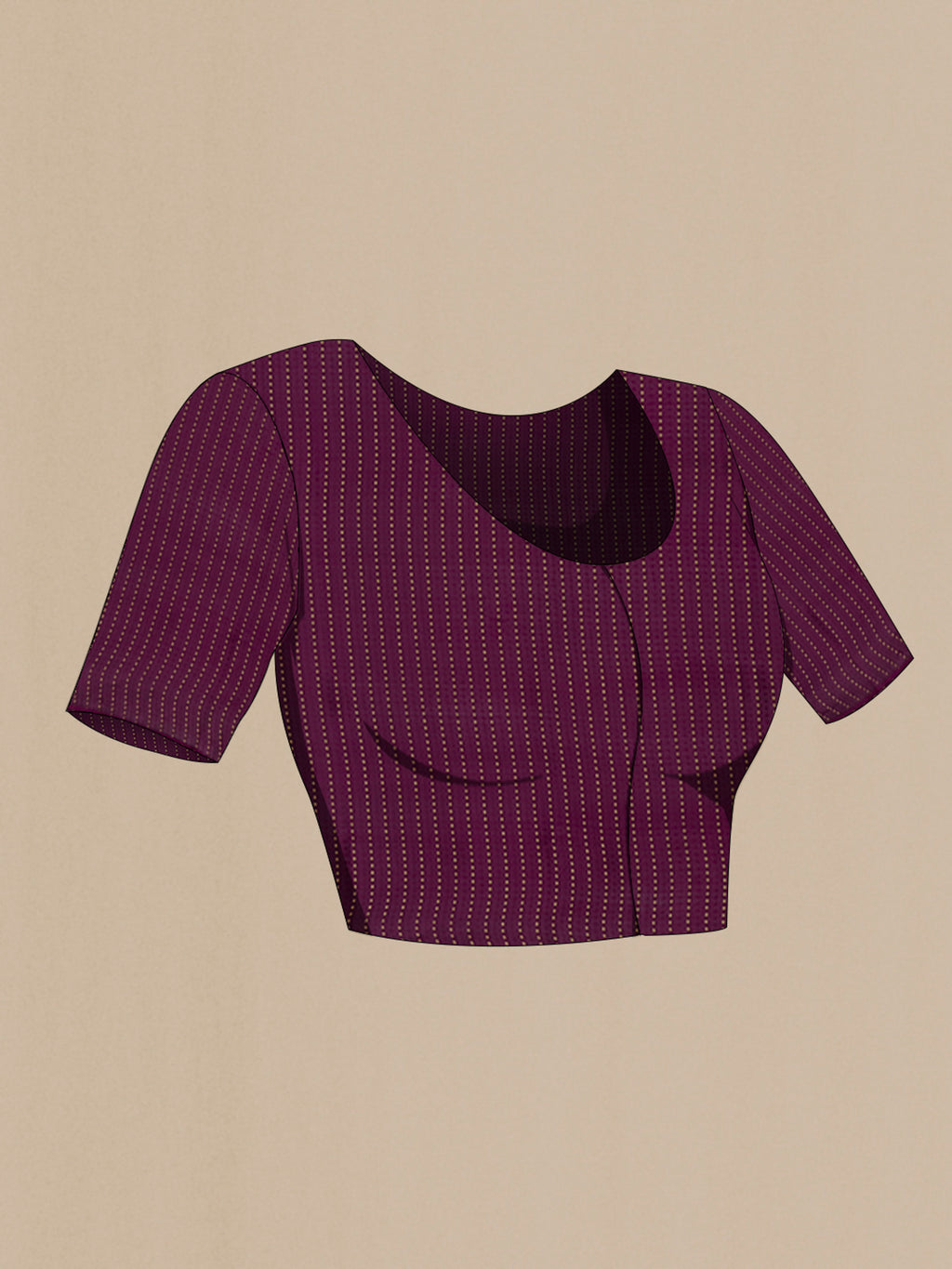 Close up image of the blouse of Purple Mysore Crepe Saree with Plain Body and Zari Border. 