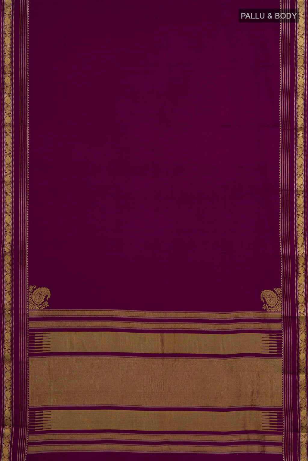 Flat view of Purple Mysore Crepe Saree with Plain Body and Zari Border. 