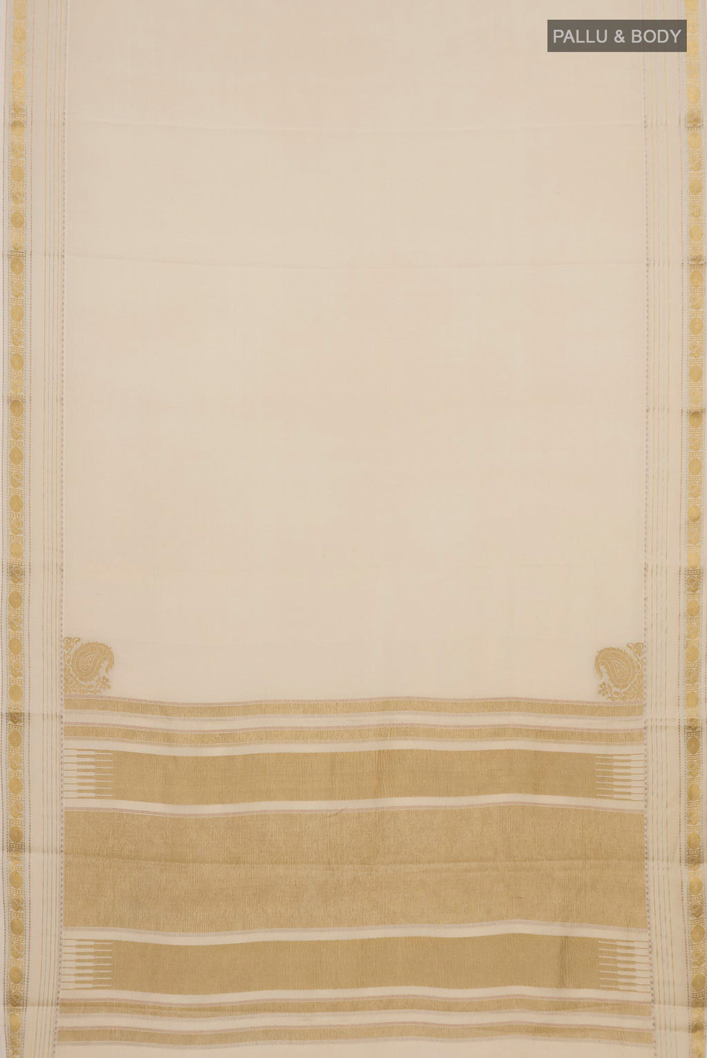 Flat view of Cream Mysore Crepe Saree with Plain Body and Zari Border. 