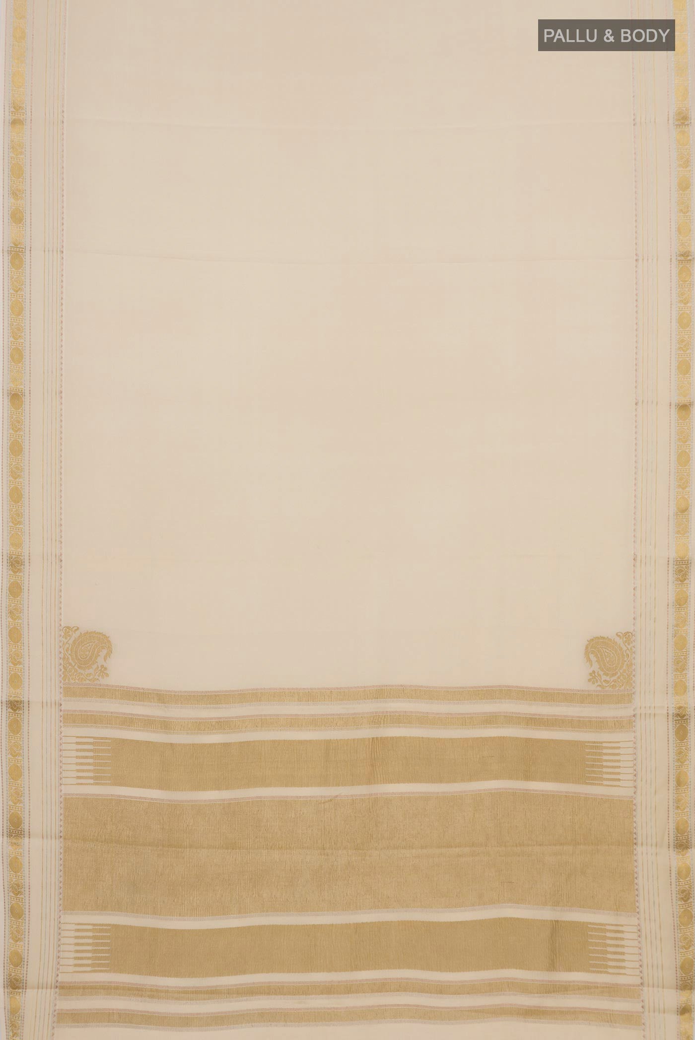 Flat view of Cream Mysore Crepe Saree with Plain Body and Zari Border. 