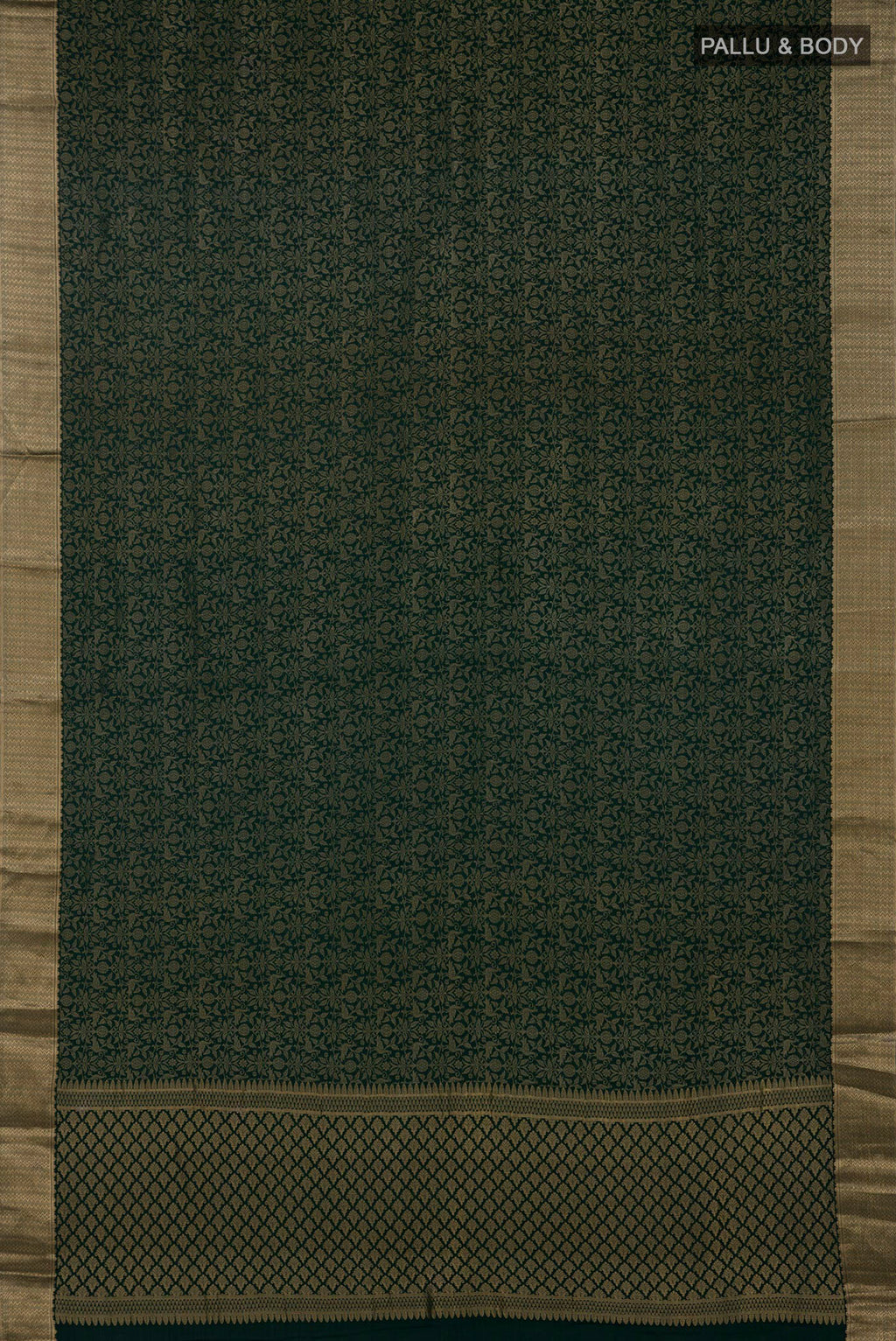 Flat view of Bottle Green Mysore Crepe Saree with Zari Brocade on the body and Zari Border. 