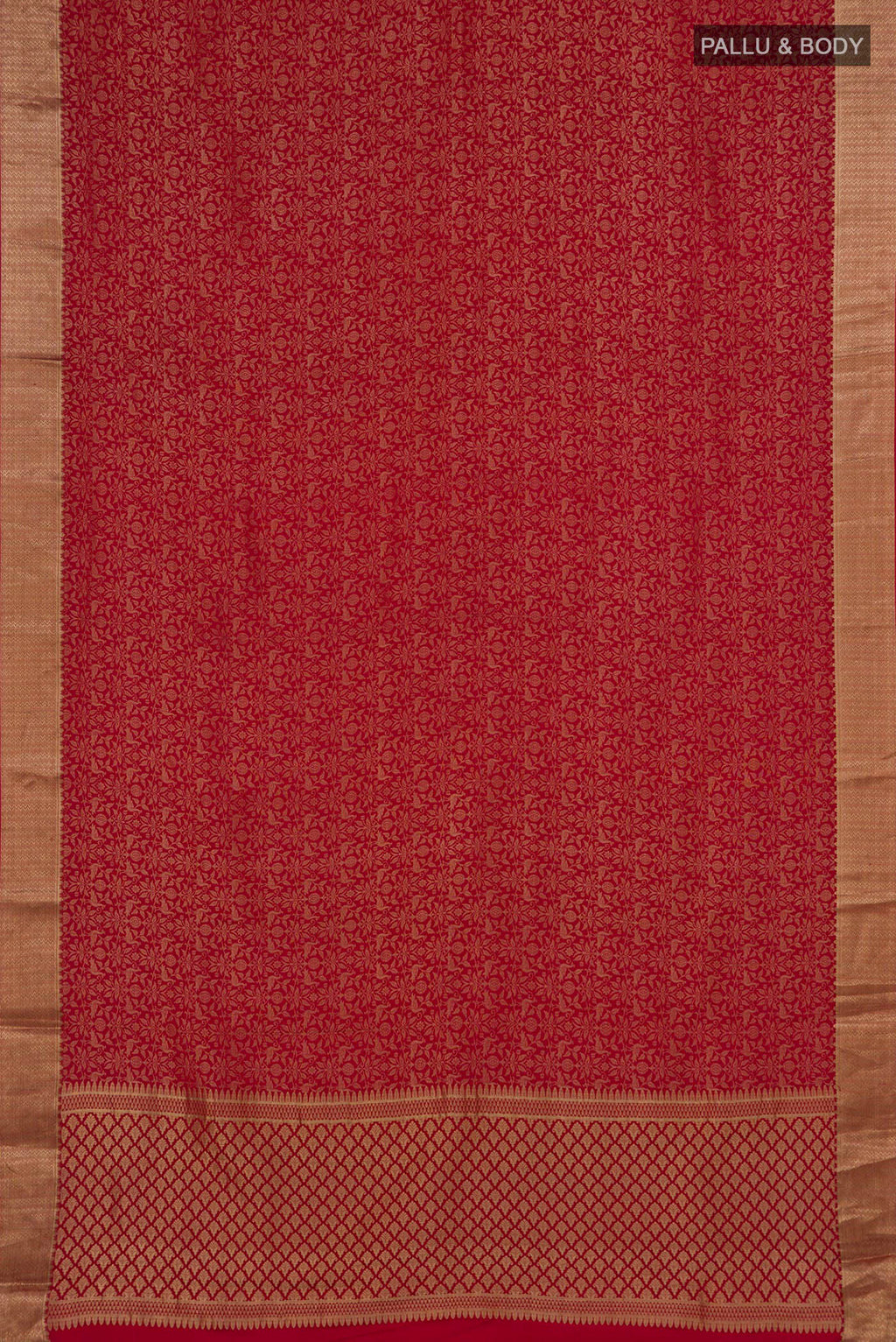Flat view of Red Mysore Crepe Saree with Zari Brocade on the body and Zari Border. 