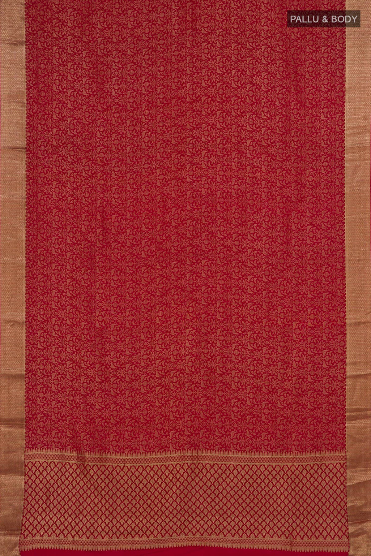 Flat view of Red Mysore Crepe Saree with Zari Brocade on the body and Zari Border. 