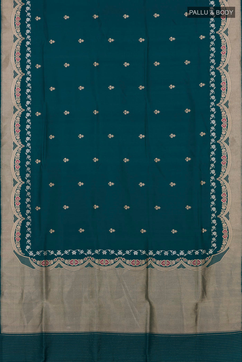 Flat view of Pure Silk Teal Banarasi Saree with Zari Butta on the body and Fancy Border. 