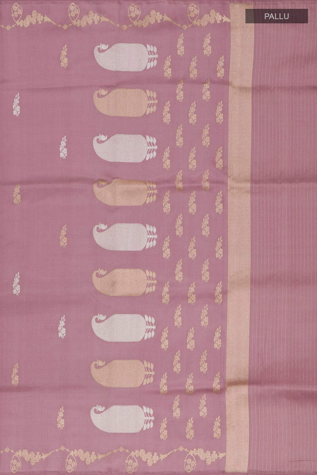 Close up image of the pallu of Pink Banarasi Saree with Zari Butta on the body and Fancy Border. 