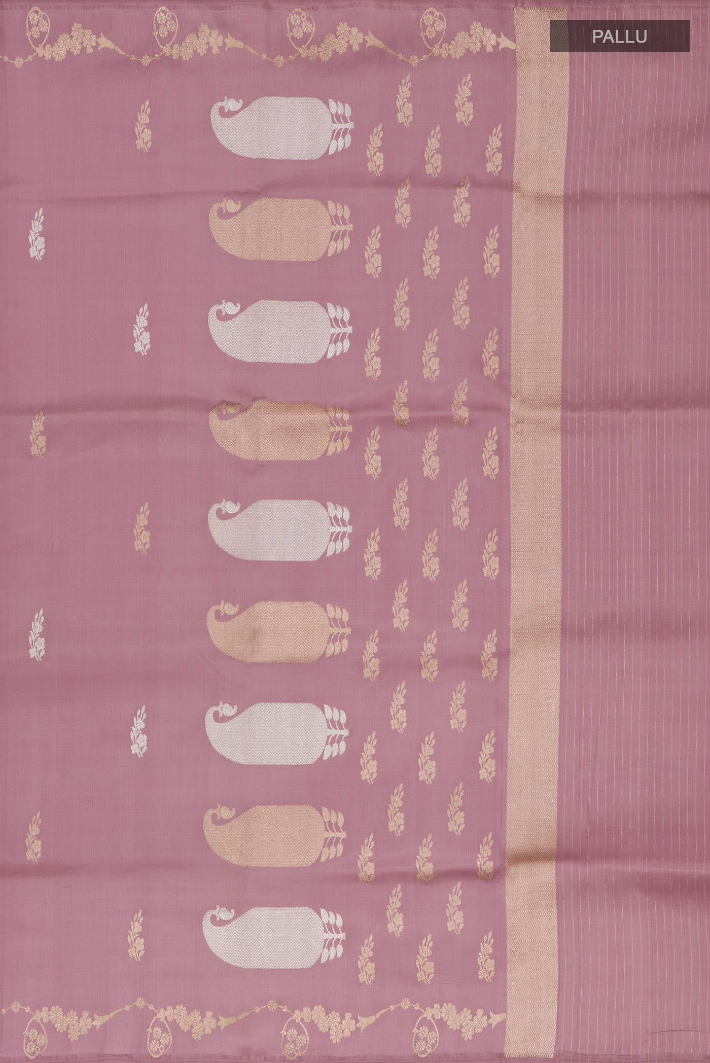 Close up image of the pallu of Pink Banarasi Saree with Zari Butta on the body and Fancy Border. 