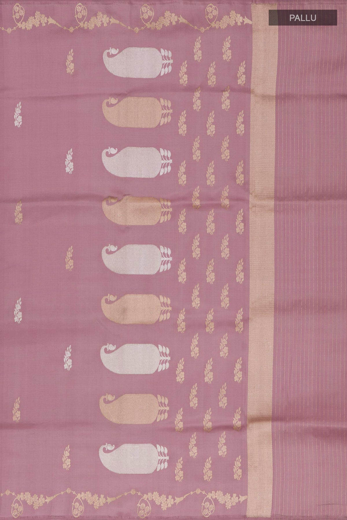 Close up image of the pallu of Pink Banarasi Saree with Zari Butta on the body and Fancy Border. 