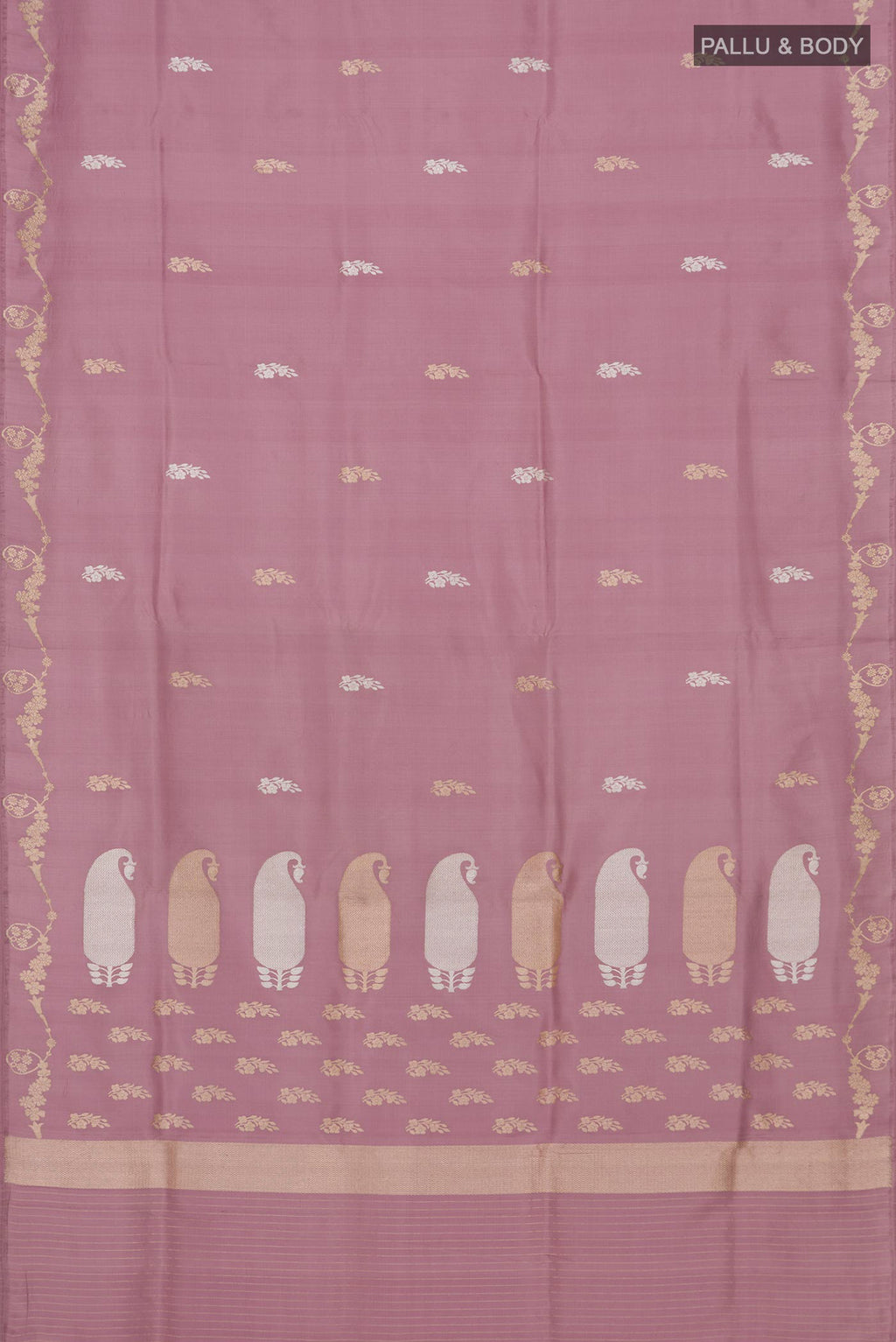 Flat view of Pink Banarasi Saree with Zari Butta on the body and Fancy Border. 