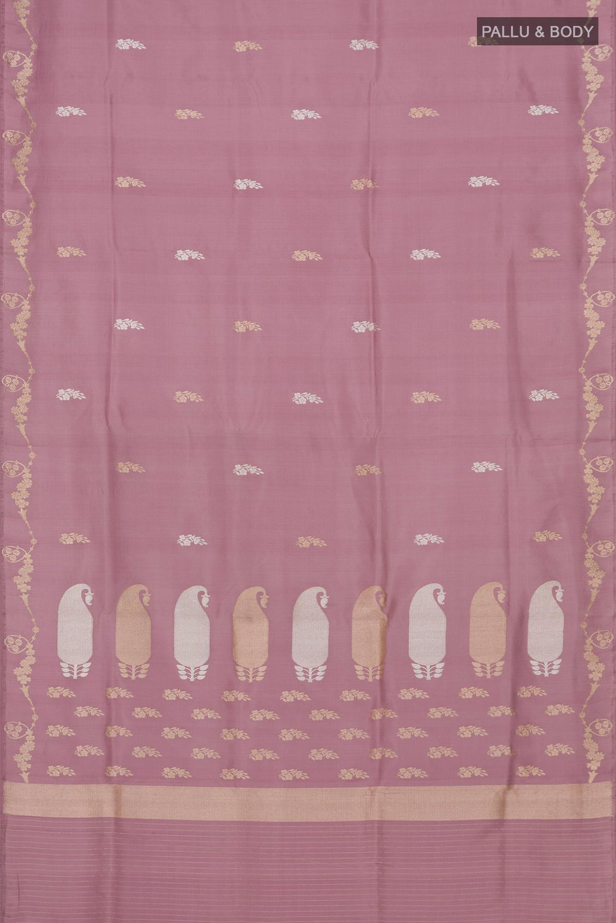 Flat view of Pink Banarasi Saree with Zari Butta on the body and Fancy Border. 