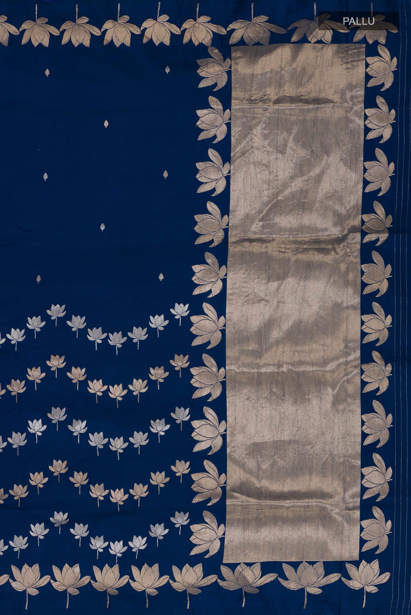 Close up image of the pallu of Blue Banarasi Saree with Zari Butta on the body and Fancy Border. 