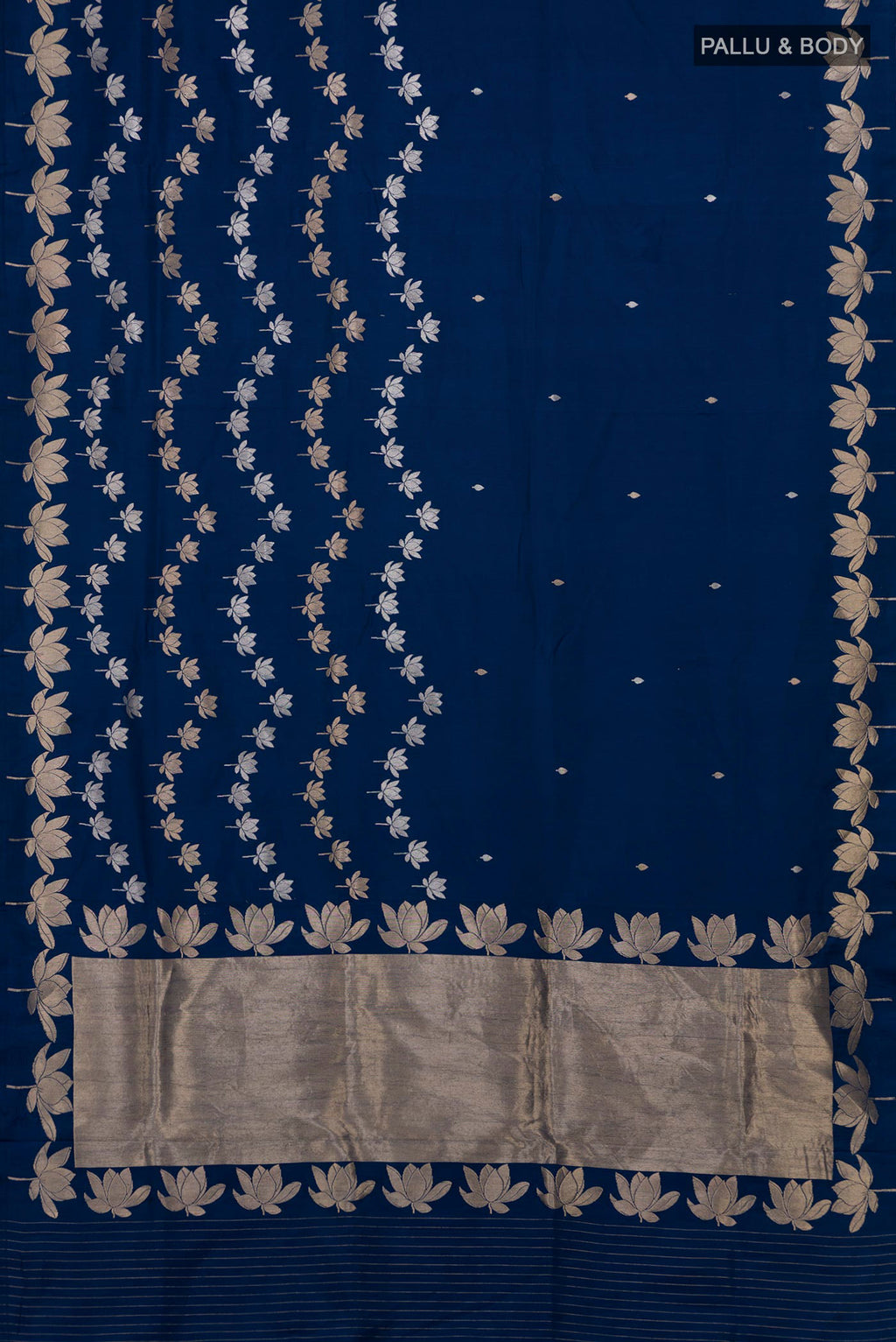 Flat view of Blue Banarasi Saree with Zari Butta on the body and Fancy Border. 