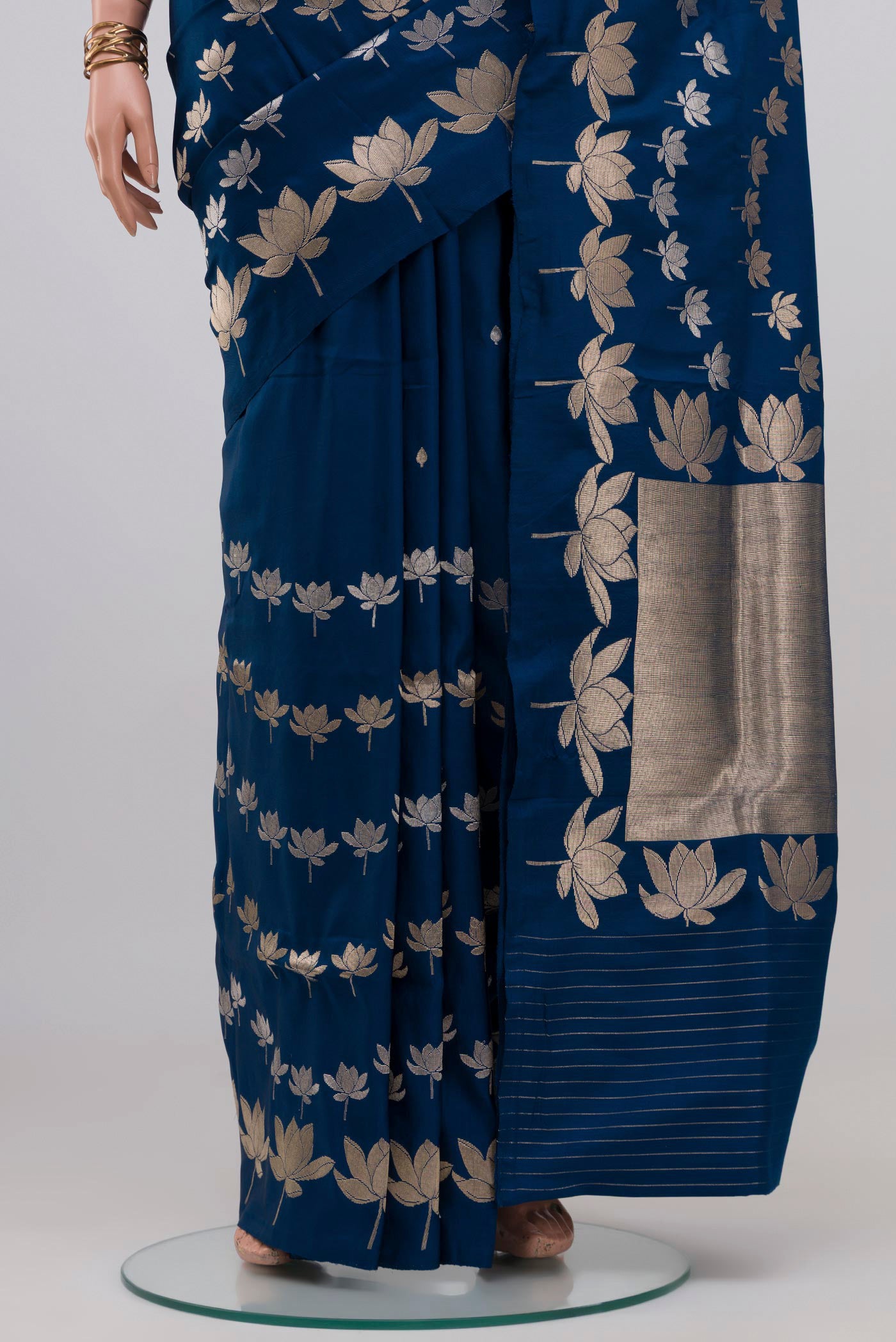 Pleats and pallu of Blue Banarasi Saree with Zari Butta on the body and Fancy Border. 