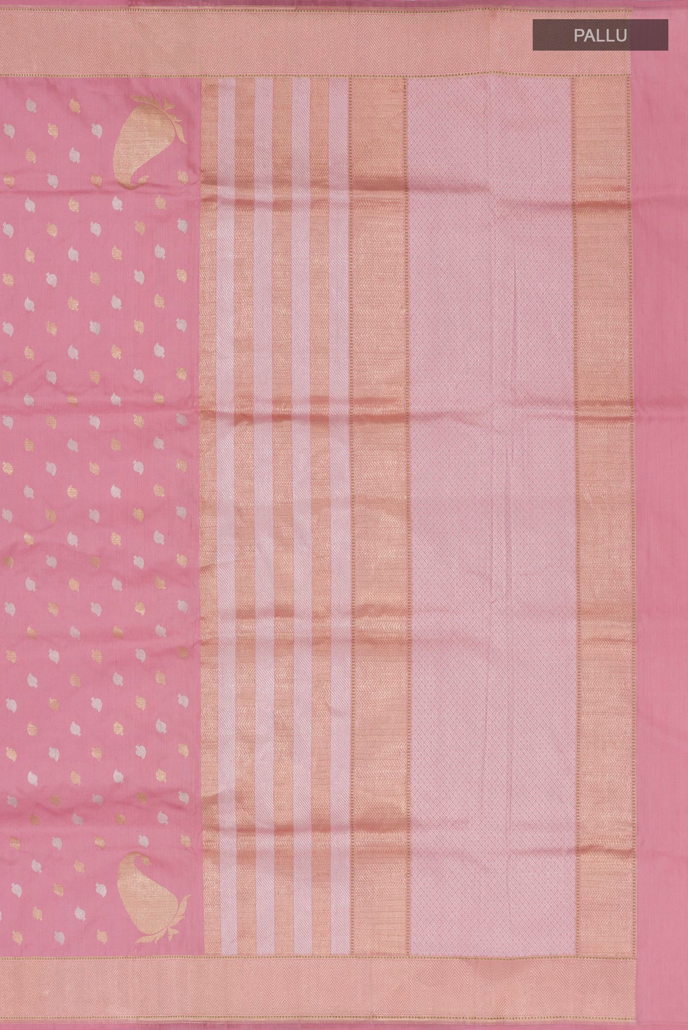 Close up image of the pallu of Rose pink Banarasi Silk Saree with Zari Butta on the body and Zari Border. 