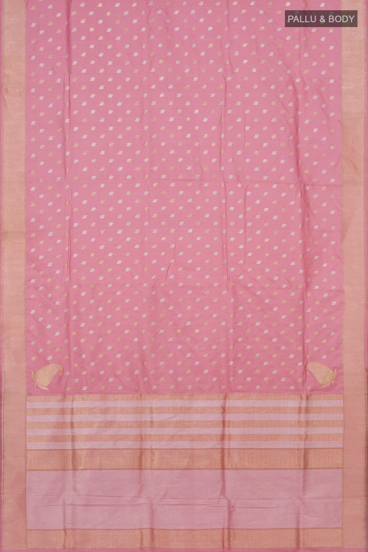 Flat view of Rose pink Banarasi Silk Saree with Zari Butta on the body and Zari Border. 