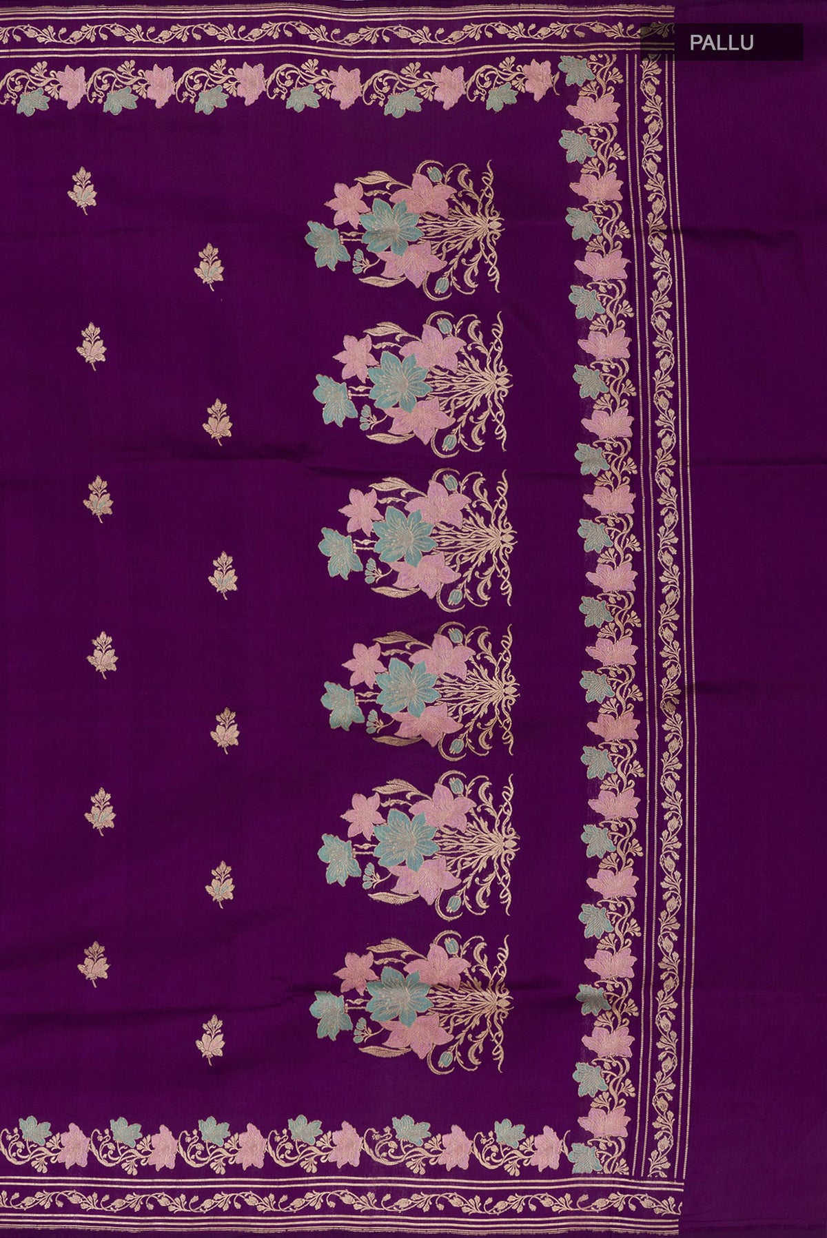Close up image of the pallu of Purple Banarasi Silk Saree with Zari Butta on the body and Fancy Border. 