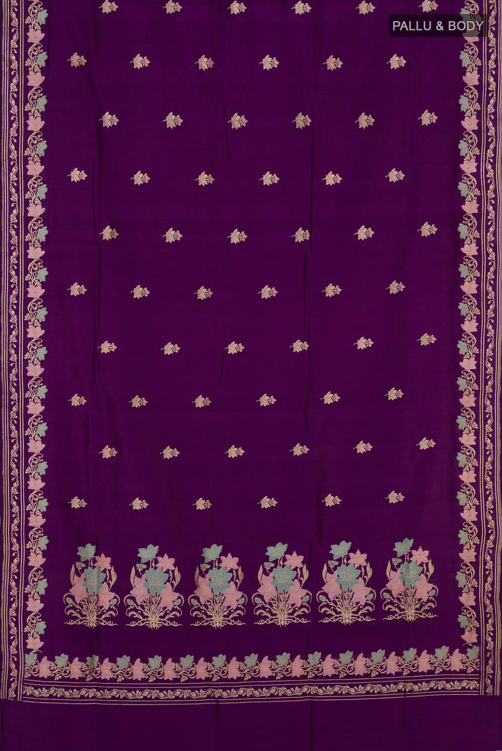 Flat view of Purple Banarasi Silk Saree with Zari Butta on the body and Fancy Border. 