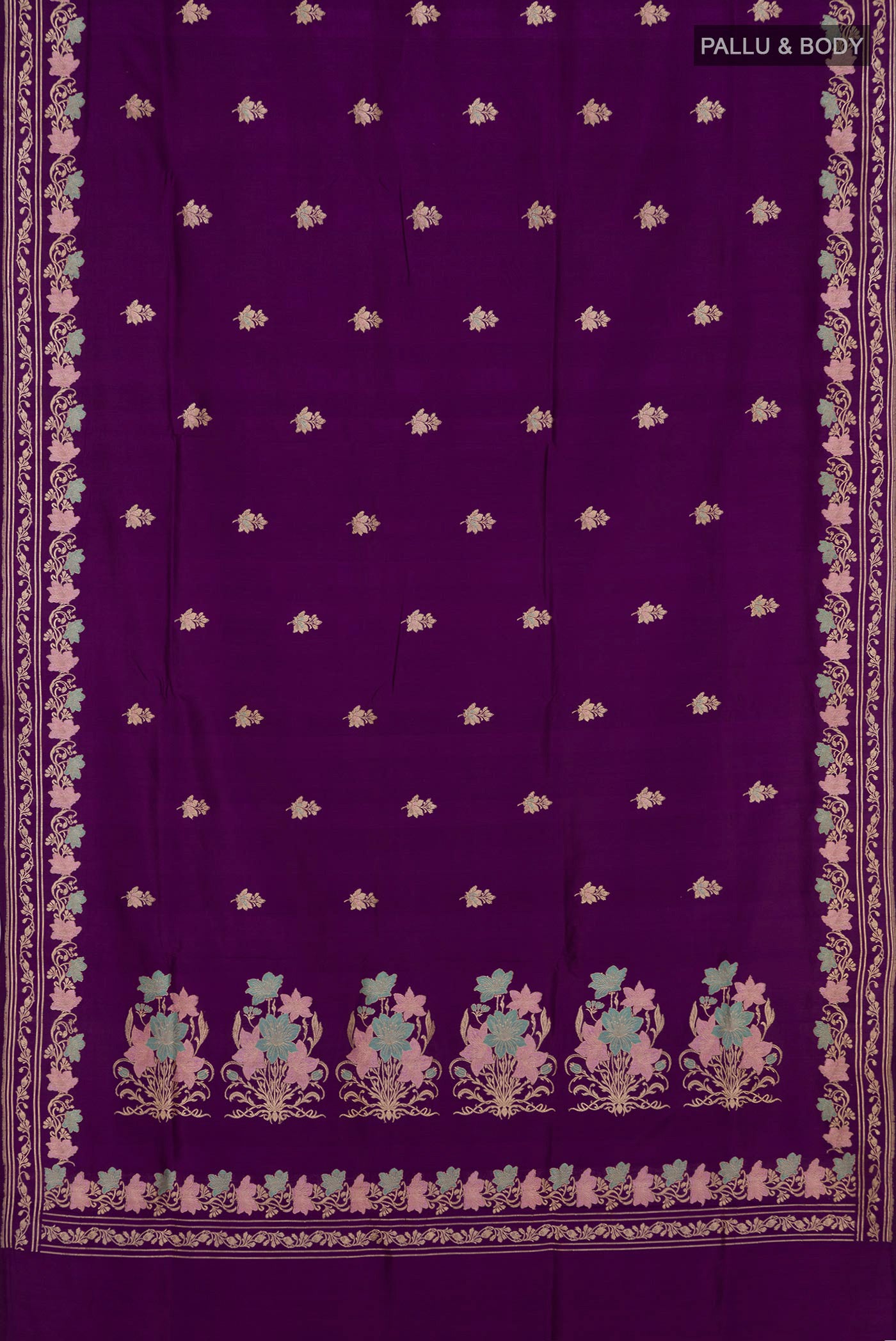 Flat view of Purple Banarasi Silk Saree with Zari Butta on the body and Fancy Border. 