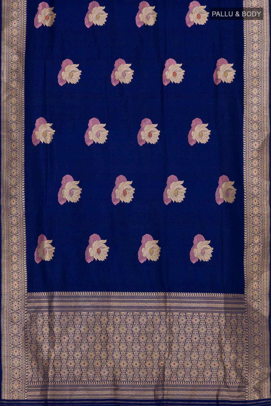 Flat view of Blue Banarasi Silk Saree with Zari Butta on the body and Zari Border. 
