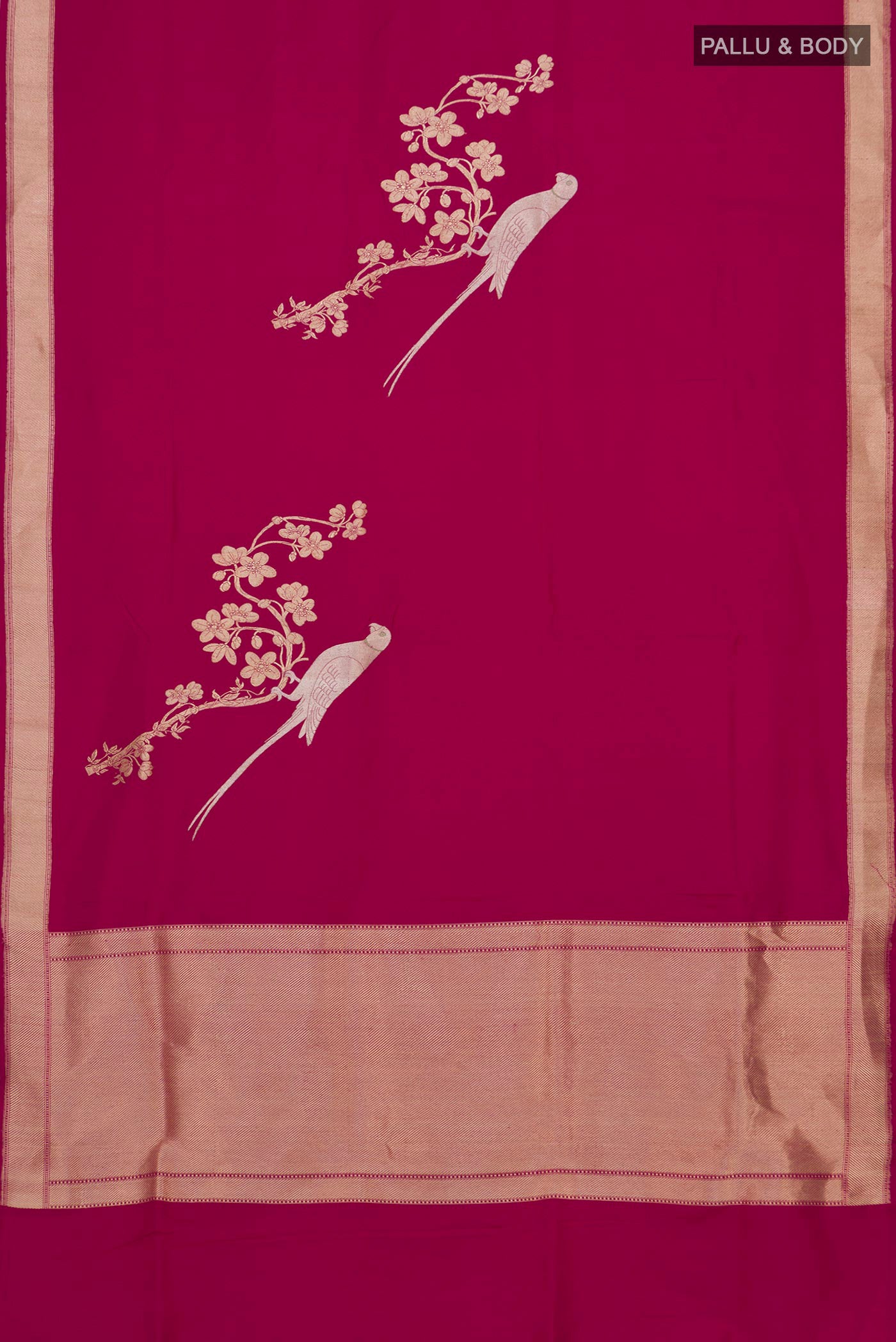 Flat view of Dark Pink Banarasi Silk Saree with Zari Butta on the body and Zari Border. 