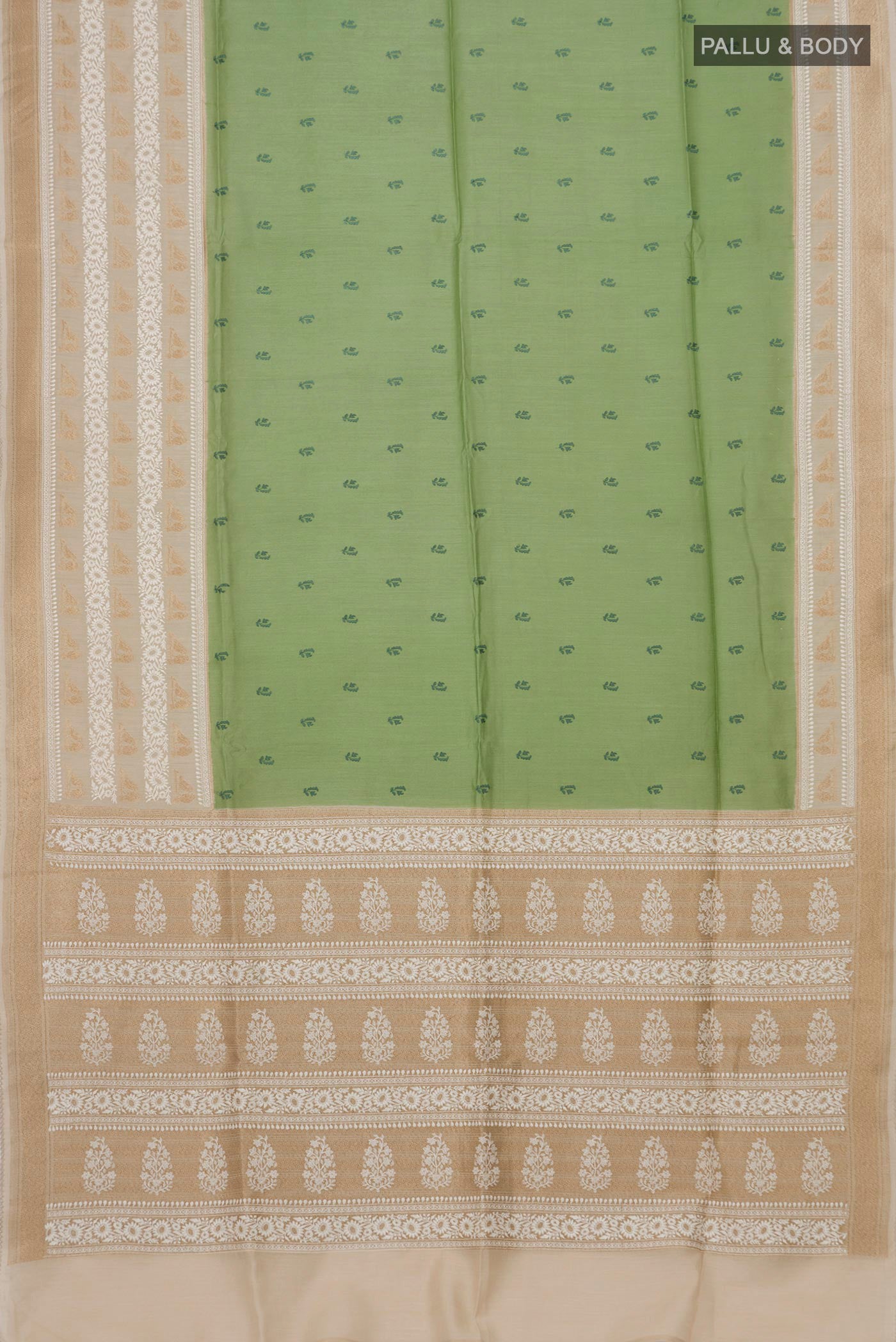 Flat view of Pista Green Tussar Silk Saree with Embroidery on the body and Zari And Thread Border. 