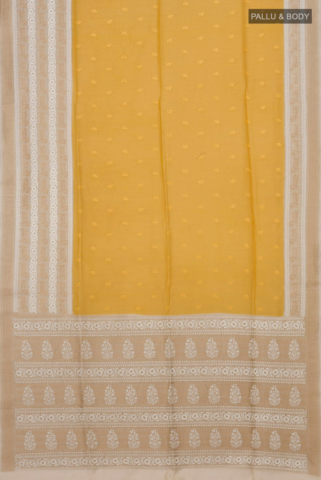 Flat view of Yellow Tussar Silk Saree with Embroidery on the body and Fancy Border. 
