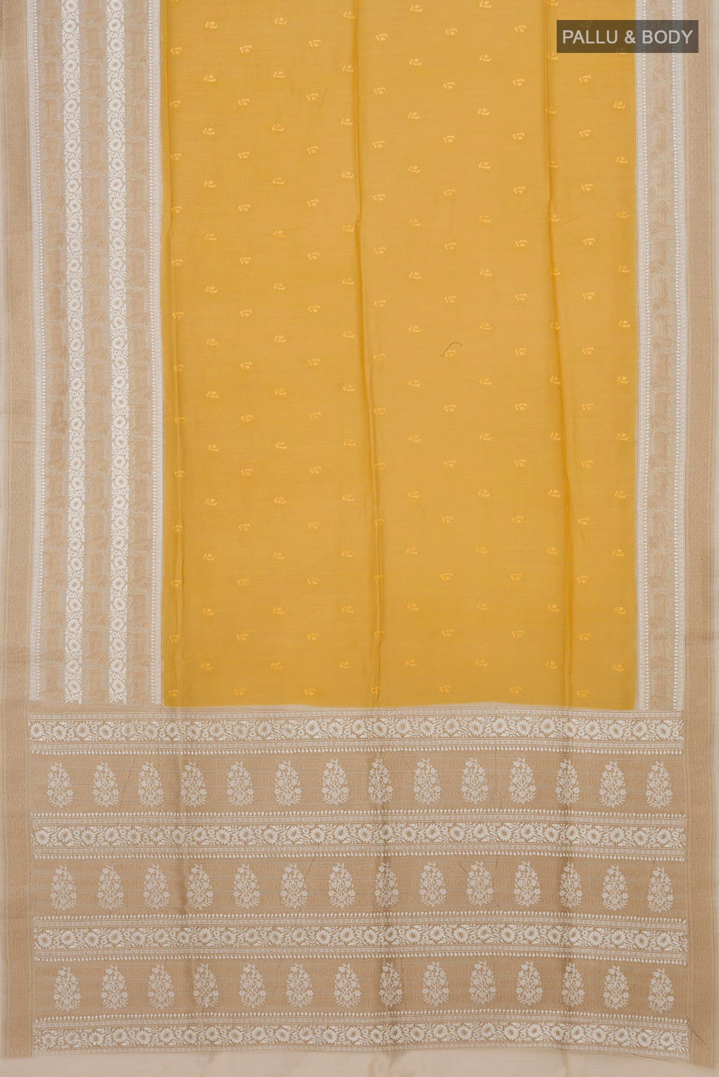 Flat view of Yellow Tussar Silk Saree with Embroidery on the body and Fancy Border. 