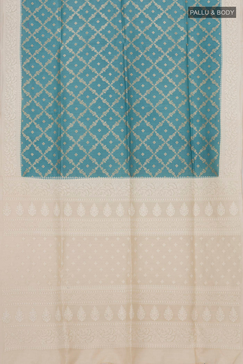 Flat view of Blue Tussar Silk Saree with Fancy on the body and Fancy Border. 