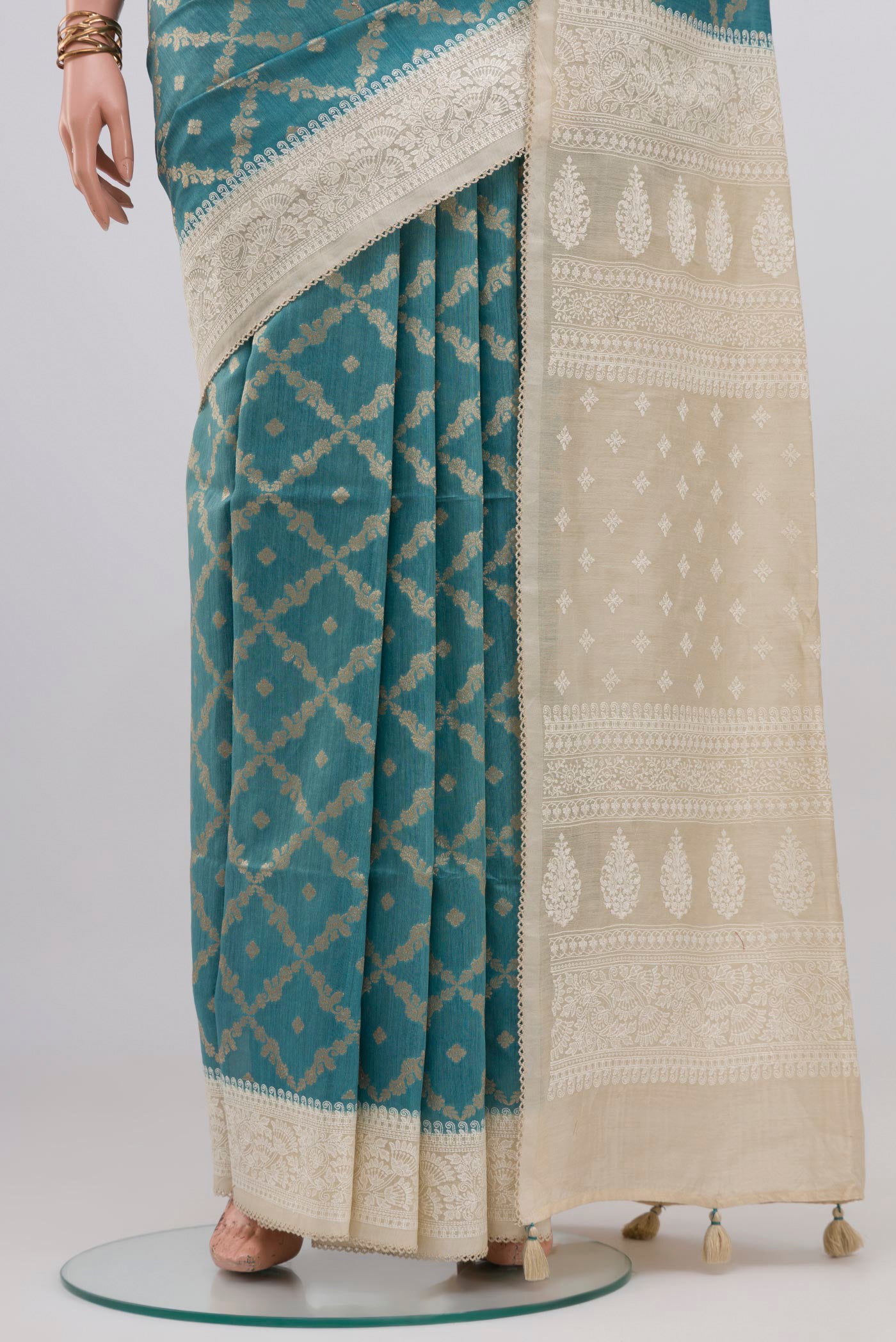 Pleats and pallu of Blue Tussar Silk Saree with Fancy on the body and Fancy Border. 