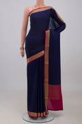 Navy Blue Mysore Crepe Saree with Plain Body and Zari Border.  displayed on a mannequin