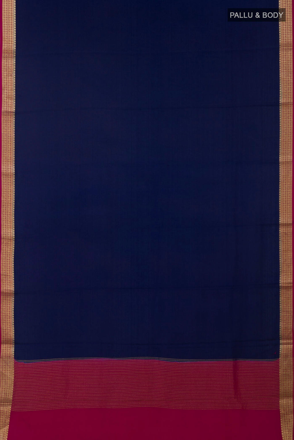 Flat view of Navy Blue Mysore Crepe Saree with Plain Body and Zari Border. 
