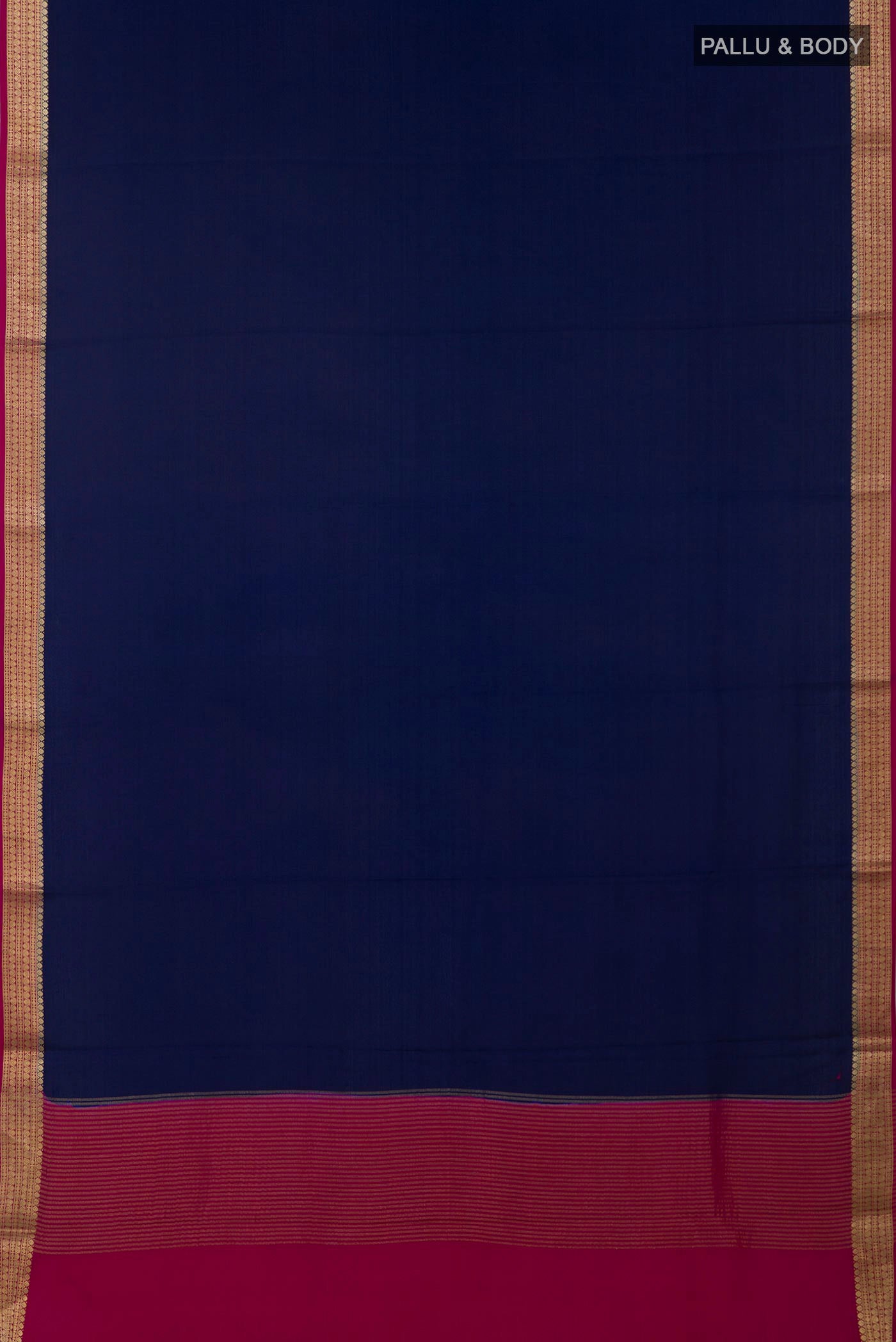 Flat view of Navy Blue Mysore Crepe Saree with Plain Body and Zari Border. 