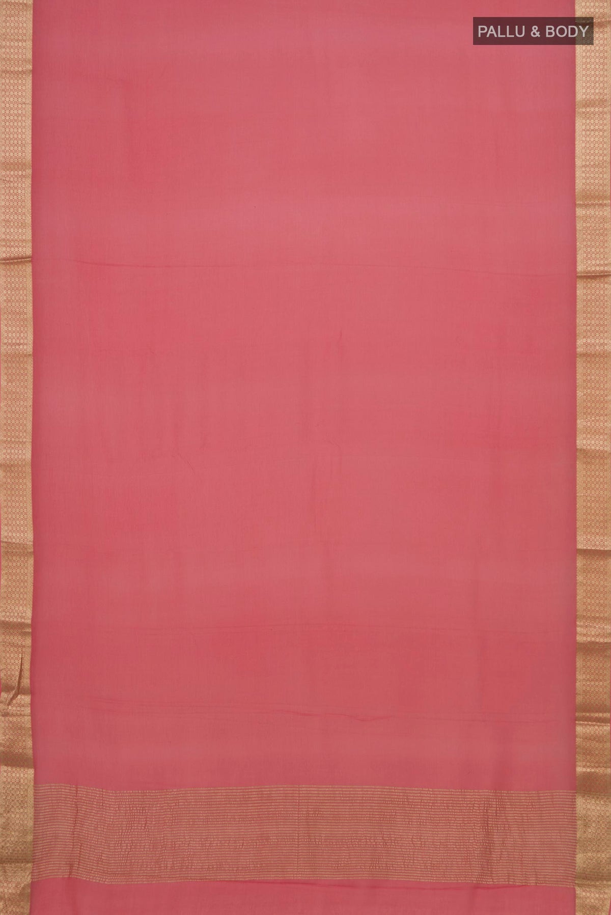 Flat view of Peach Mysore Chiffon Saree with Plain Body and Zari Border. 