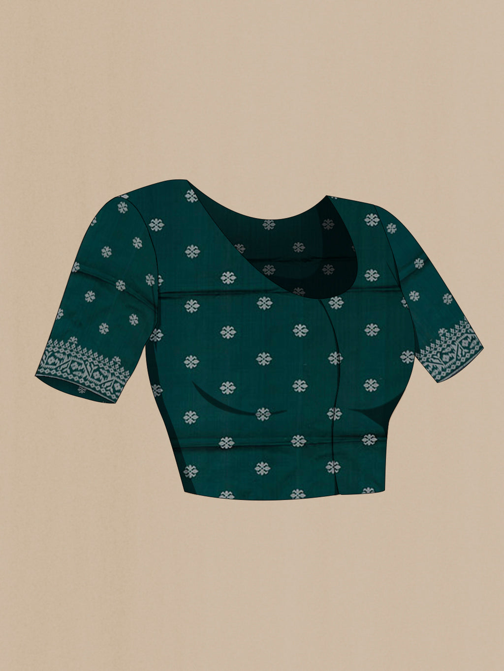 Close up image of the blouse of Teal Tussar Saree with Thread Butta on the body and Fancy Border. 