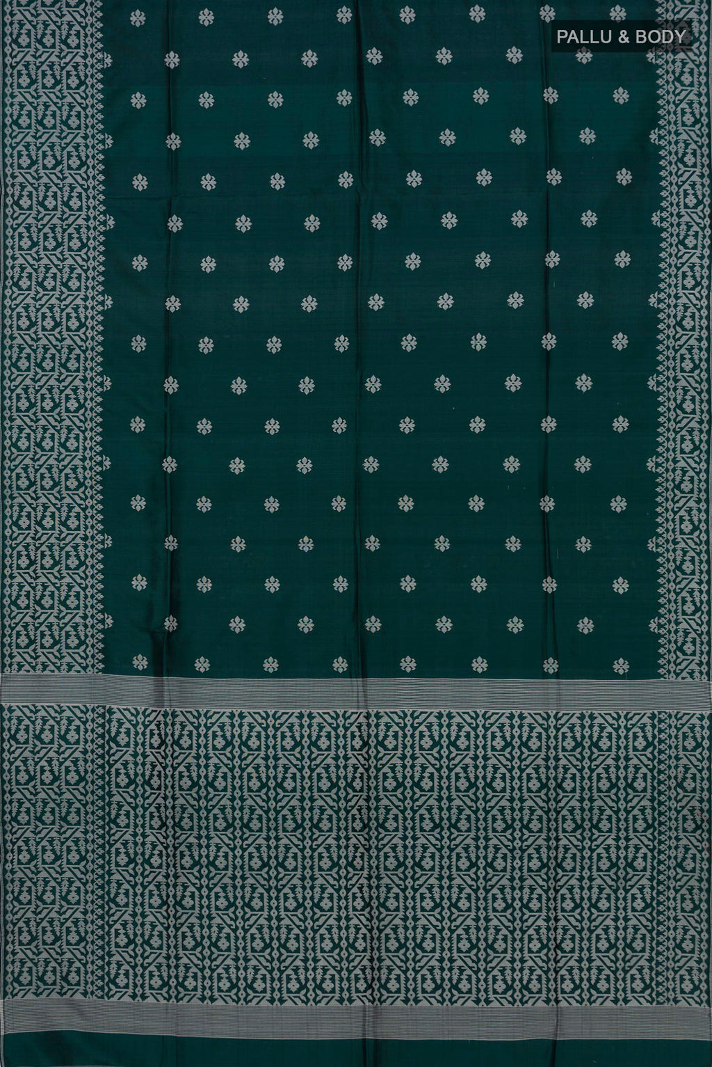 Flat view of Teal Tussar Saree with Thread Butta on the body and Fancy Border. 