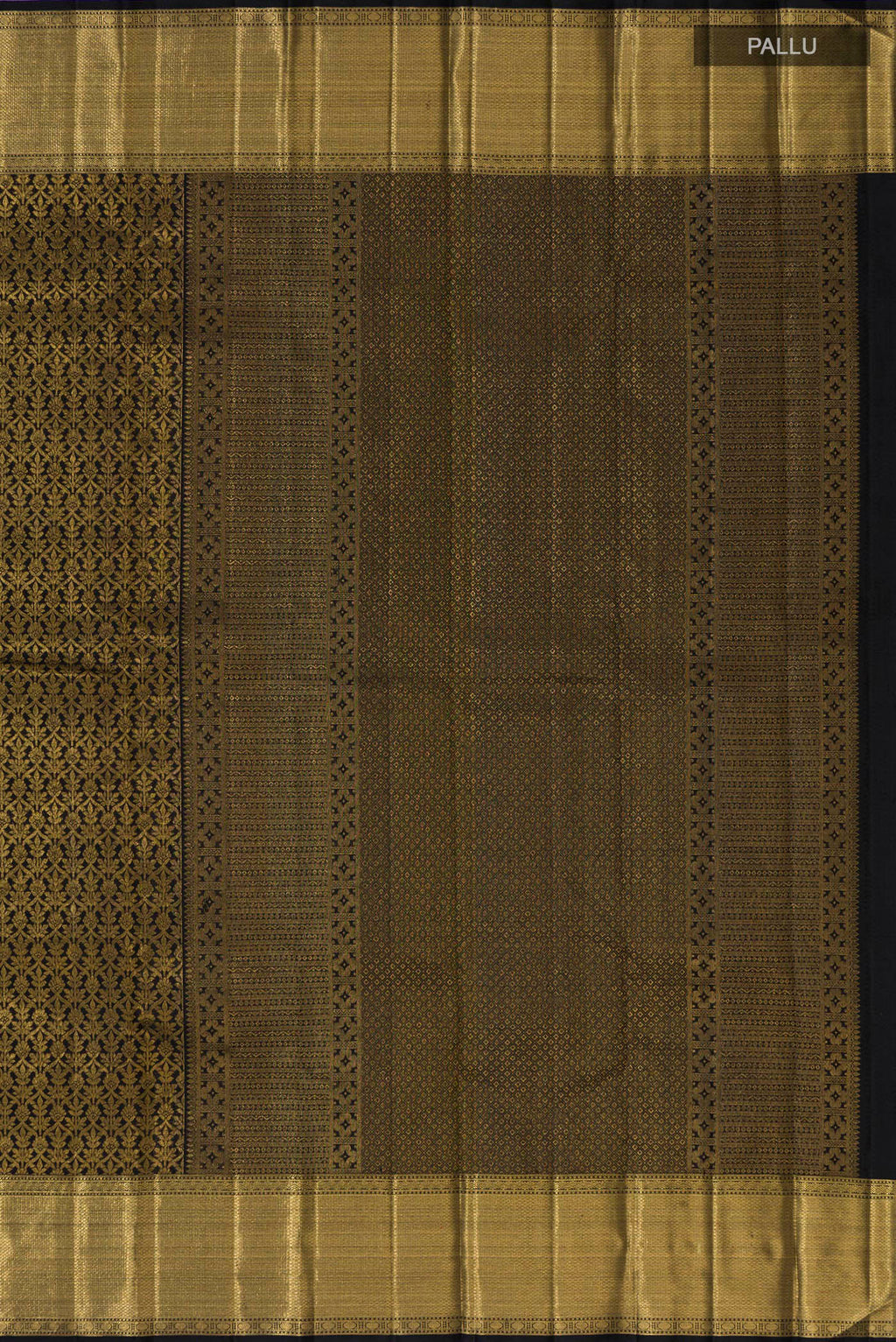 Close up image of the pallu of Black Kanchipuram Silk Saree with Zari Brocade on the body and Zari Border. 