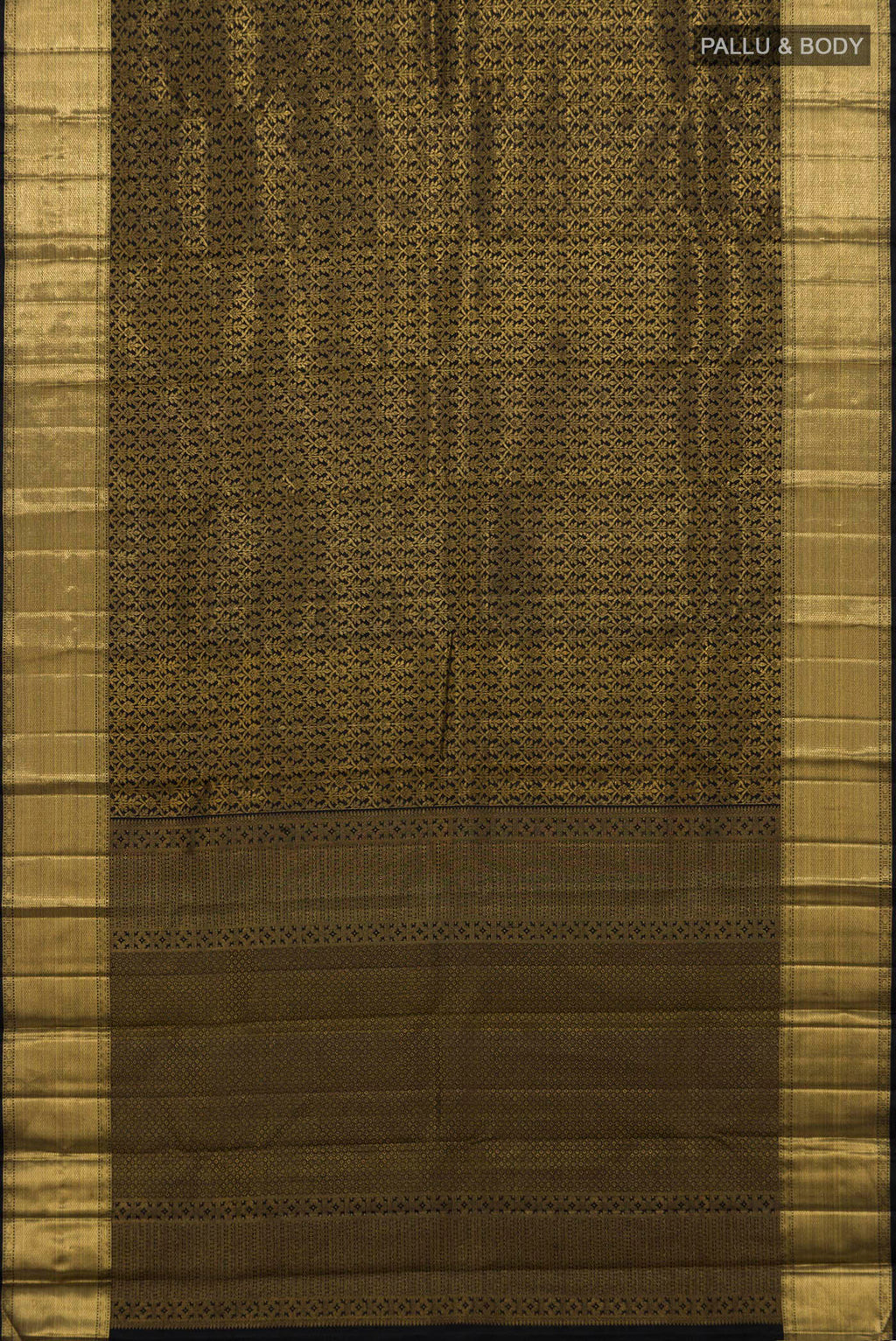 Flat view of Black Kanchipuram Silk Saree with Zari Brocade on the body and Zari Border. 
